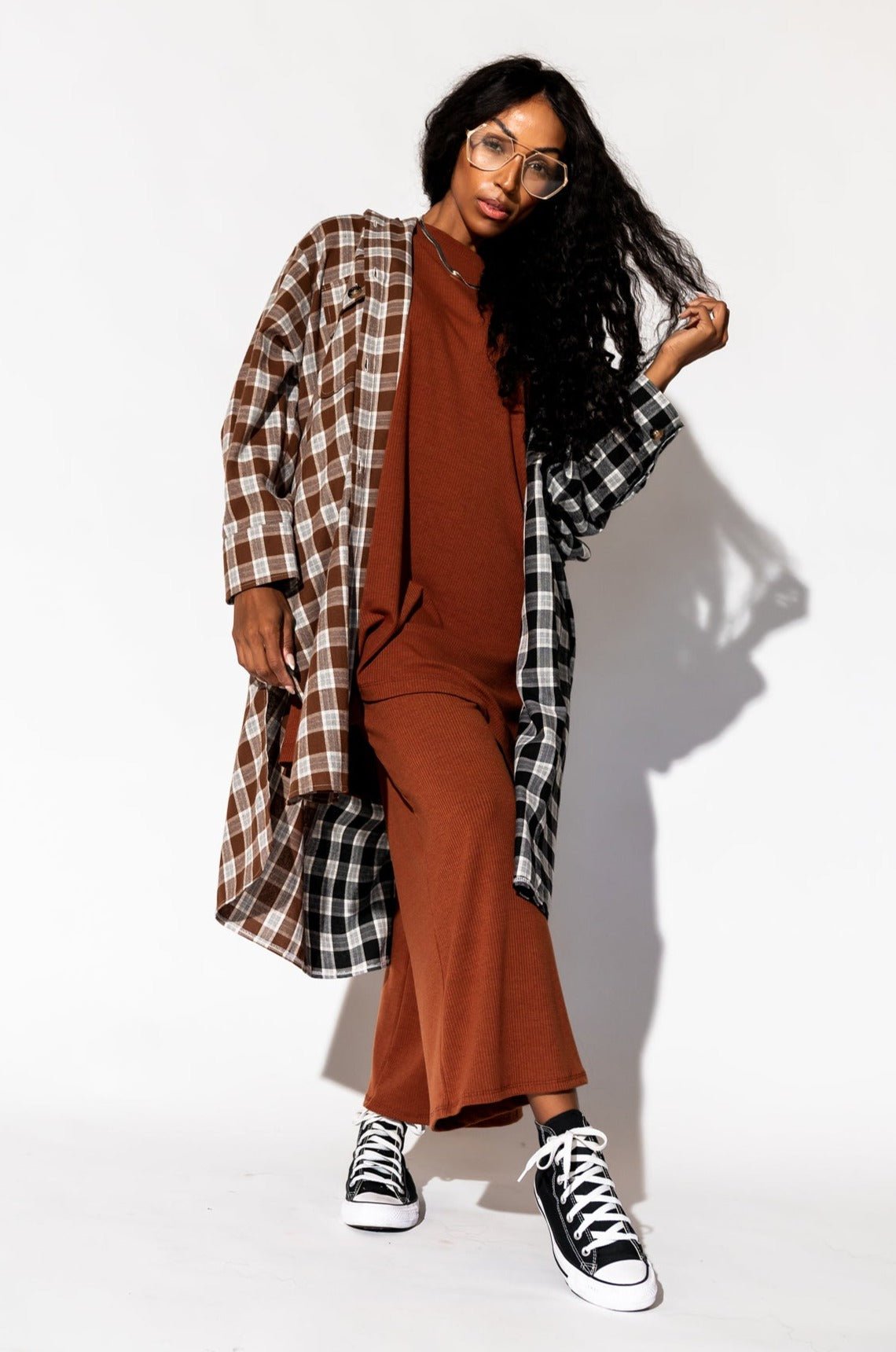 Zuri Oversized Grunge Flannel in Half + Half Mocha and Black