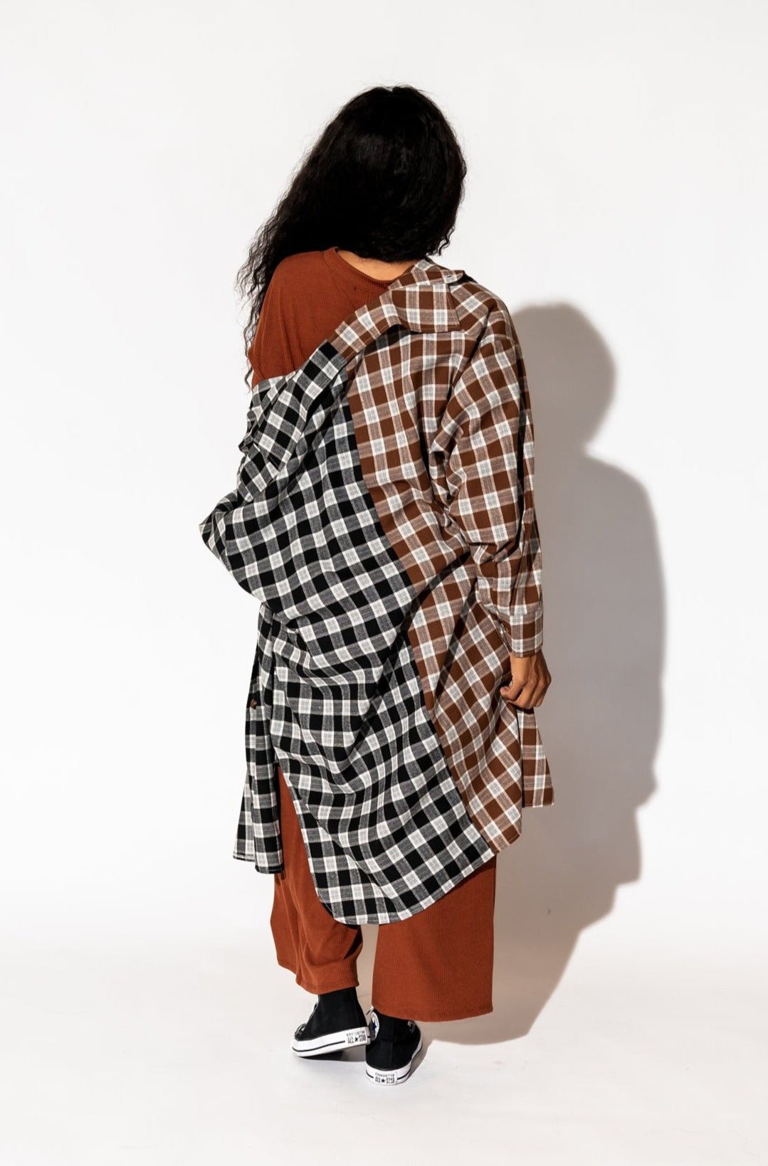 Zuri Oversized Grunge Flannel in Half + Half Mocha and Black