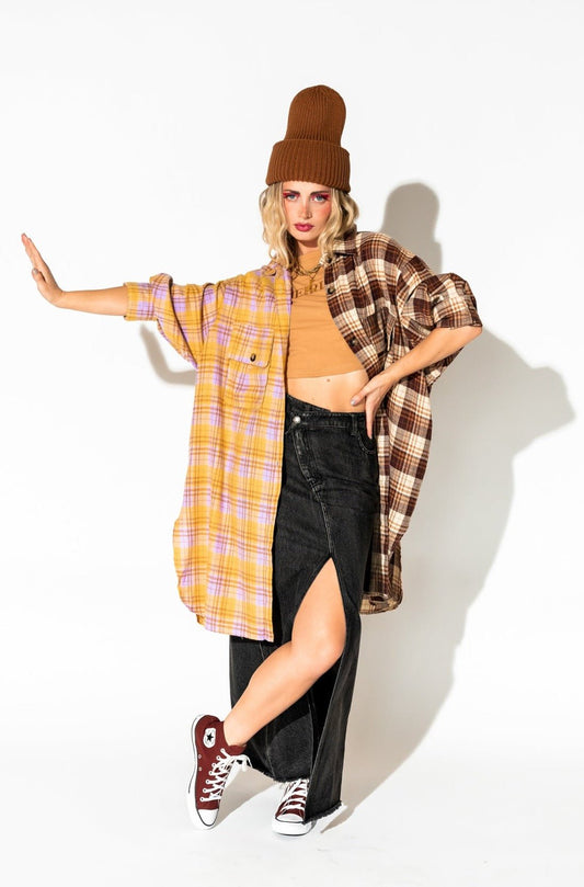 Zuri Oversized Grunge Flannel in Half + Half Yellow and Brown