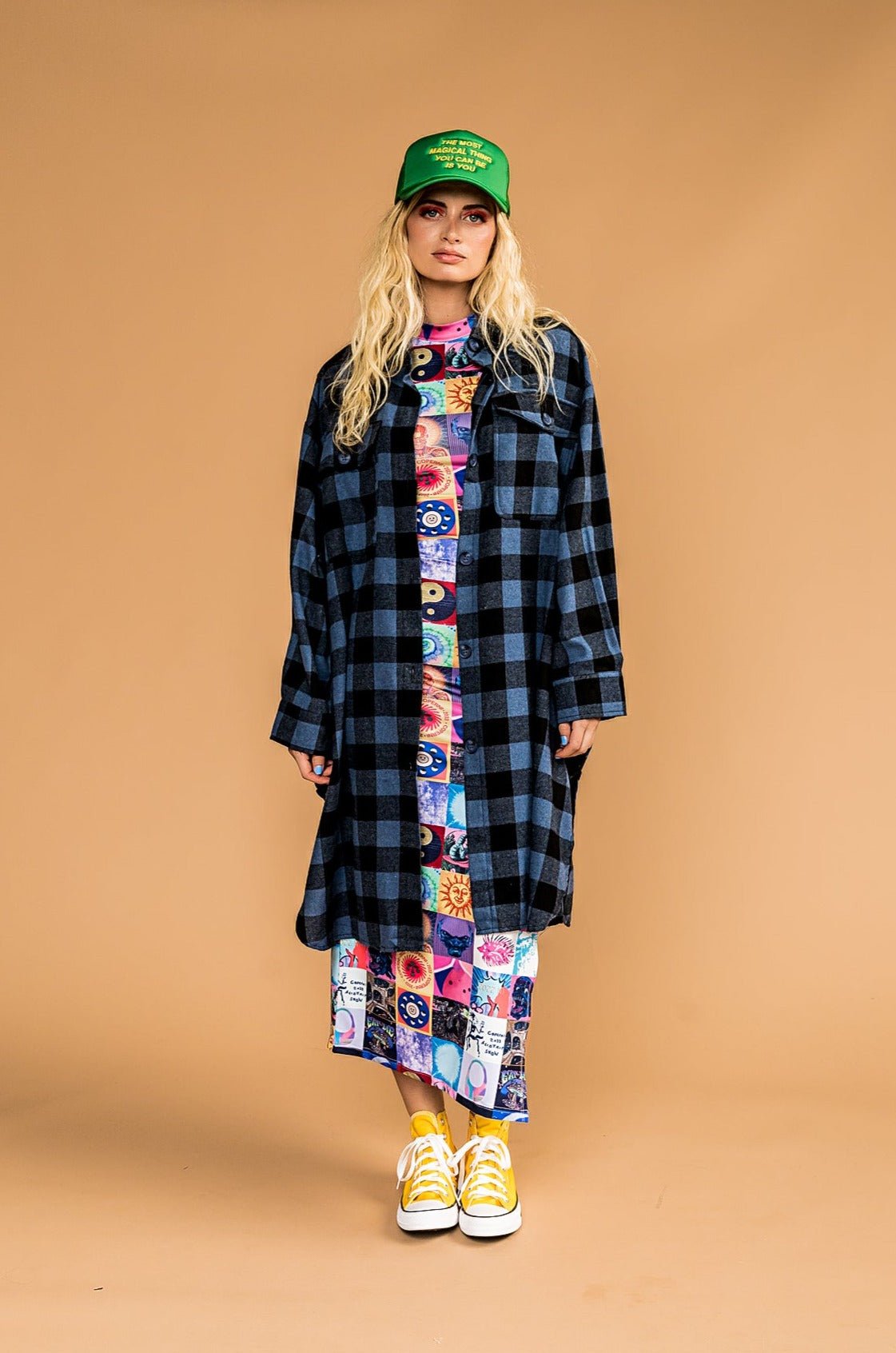 Ziggy Oversized Grunge Flannel in Blue + Charcoal