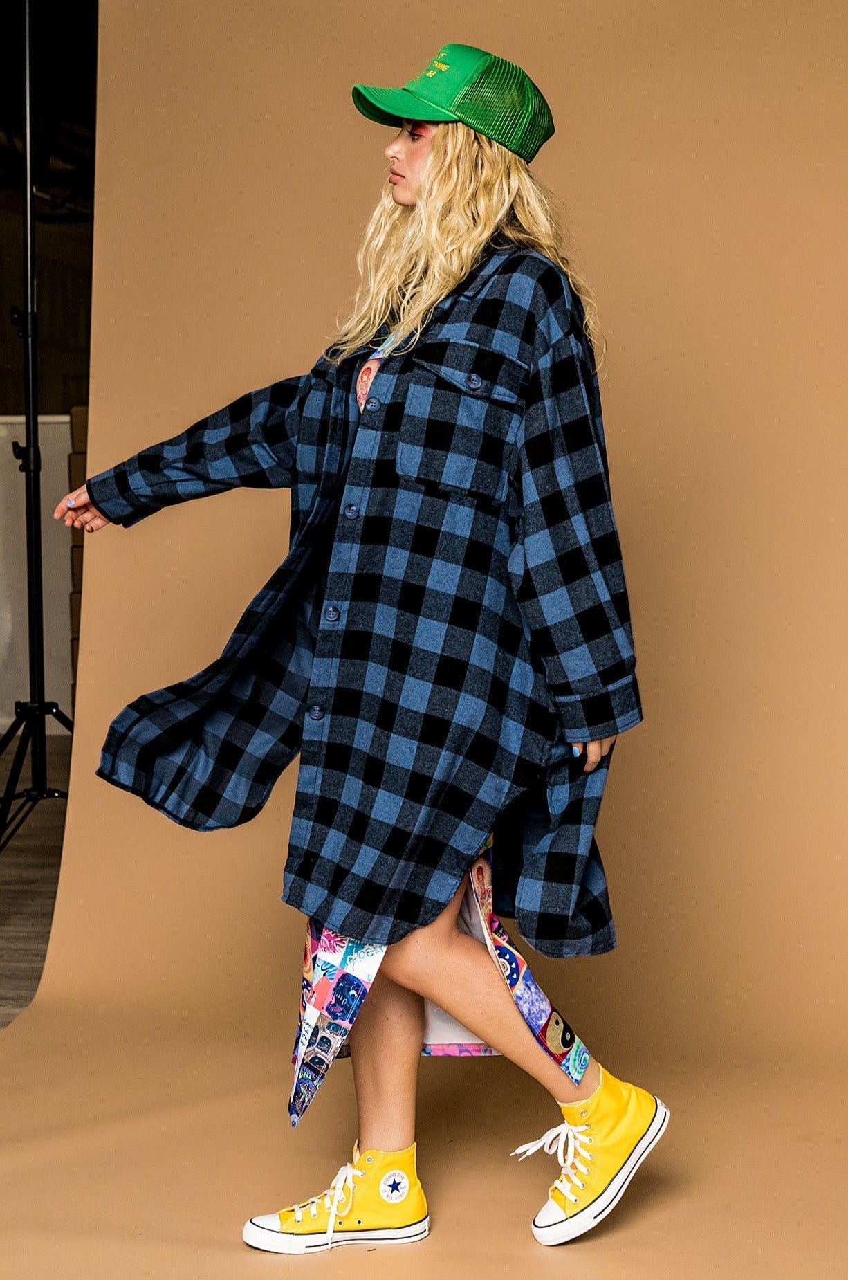 Ziggy Oversized Grunge Flannel in Blue + Charcoal