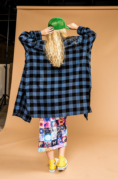 Ziggy Oversized Grunge Flannel in Blue + Charcoal