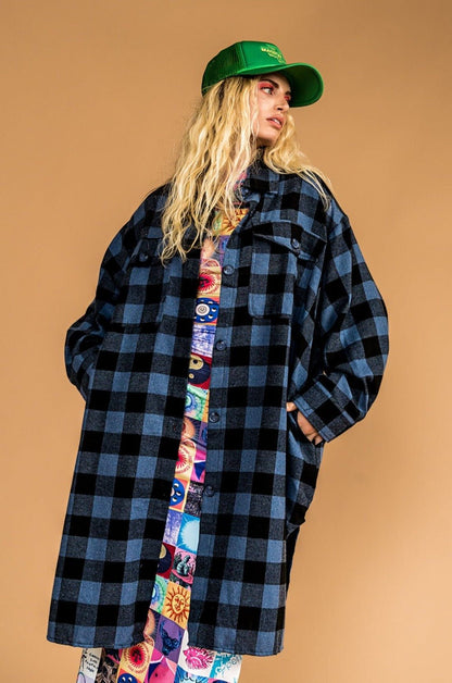 Ziggy Oversized Grunge Flannel in Blue + Charcoal