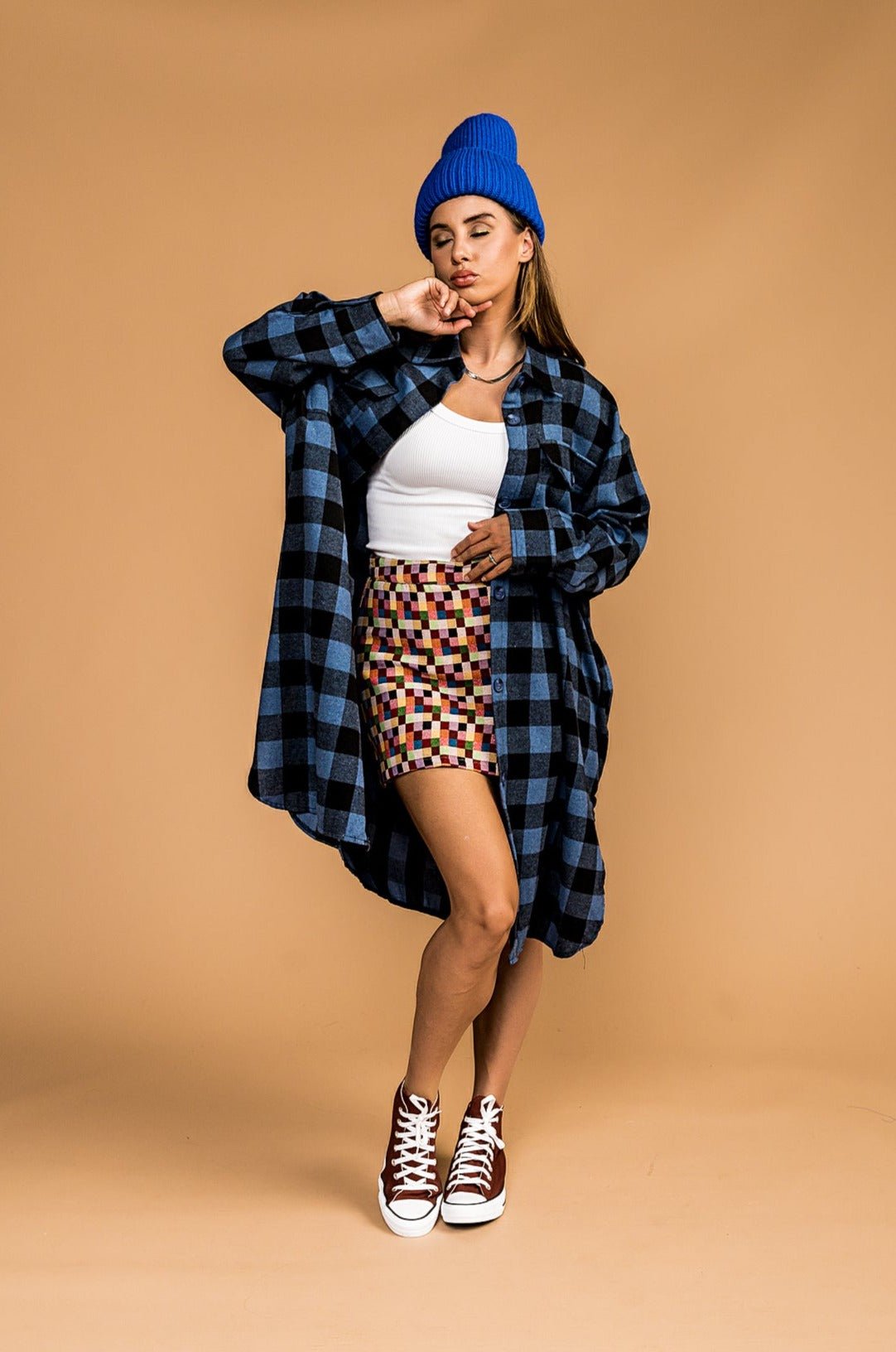 Ziggy Oversized Grunge Flannel in Blue + Charcoal