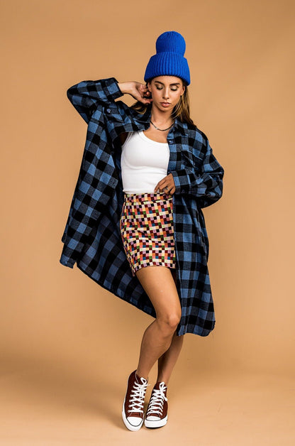 Ziggy Oversized Grunge Flannel in Blue + Charcoal