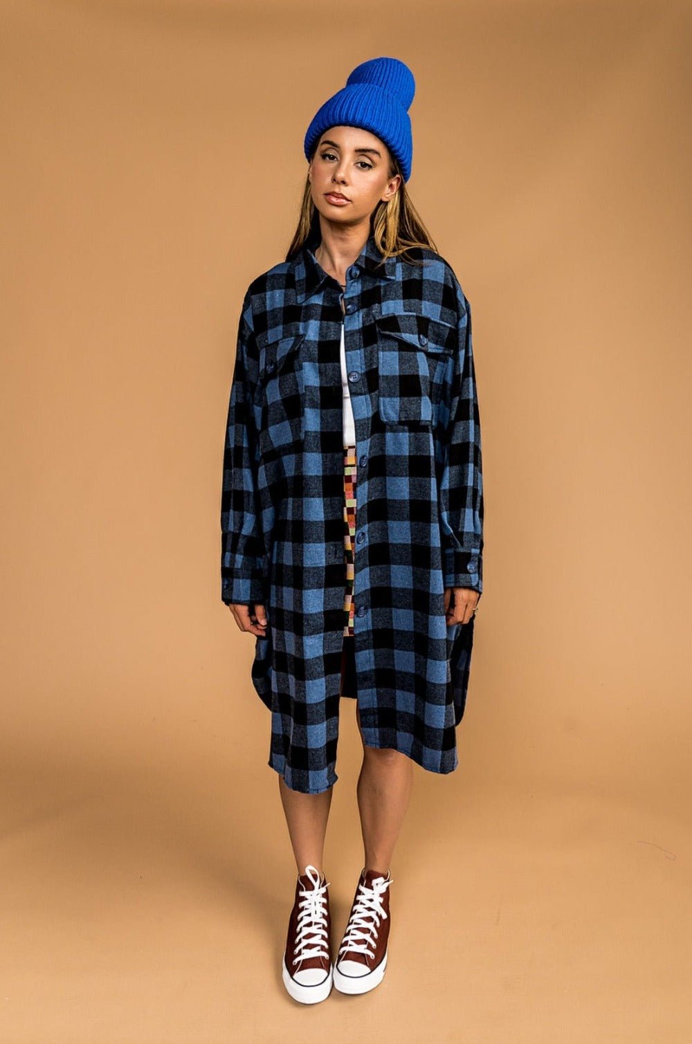 Ziggy Oversized Grunge Flannel in Blue + Charcoal