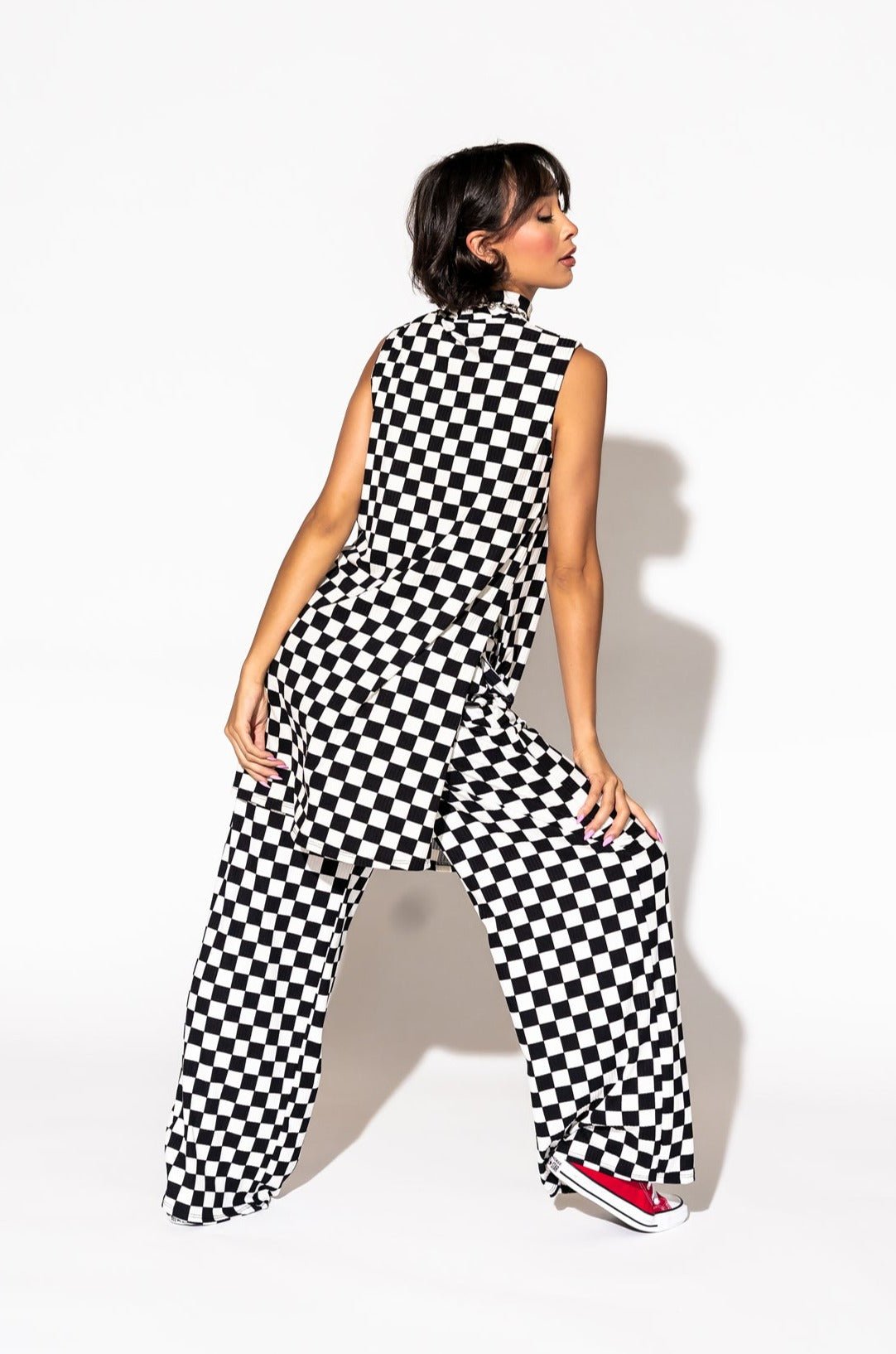 Gigi Sleeveless Ribbed Playsuit in Black + White Check