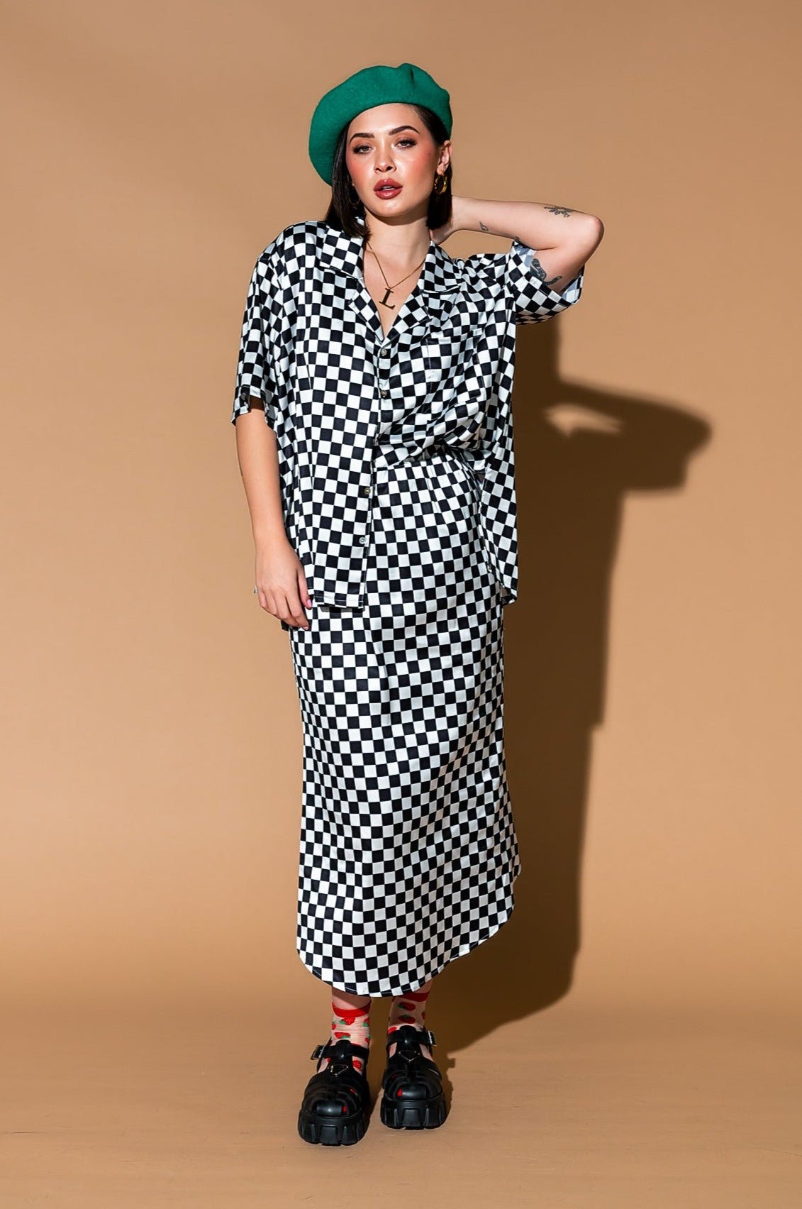 Take Risks Checkerboard Satin Matching Skirt Set