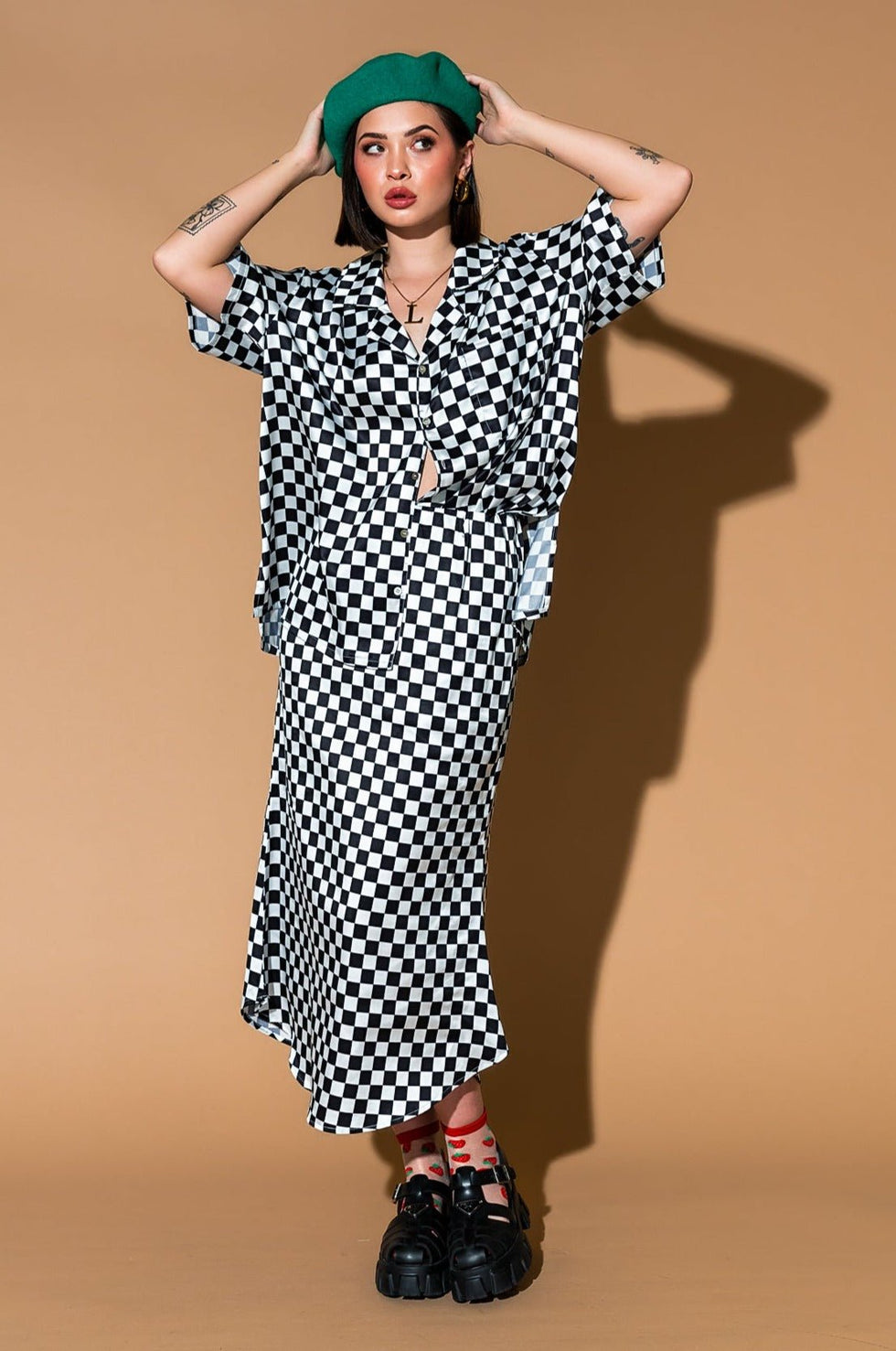 Take Risks Checkerboard Satin Matching Skirt Set Dressed in Lala