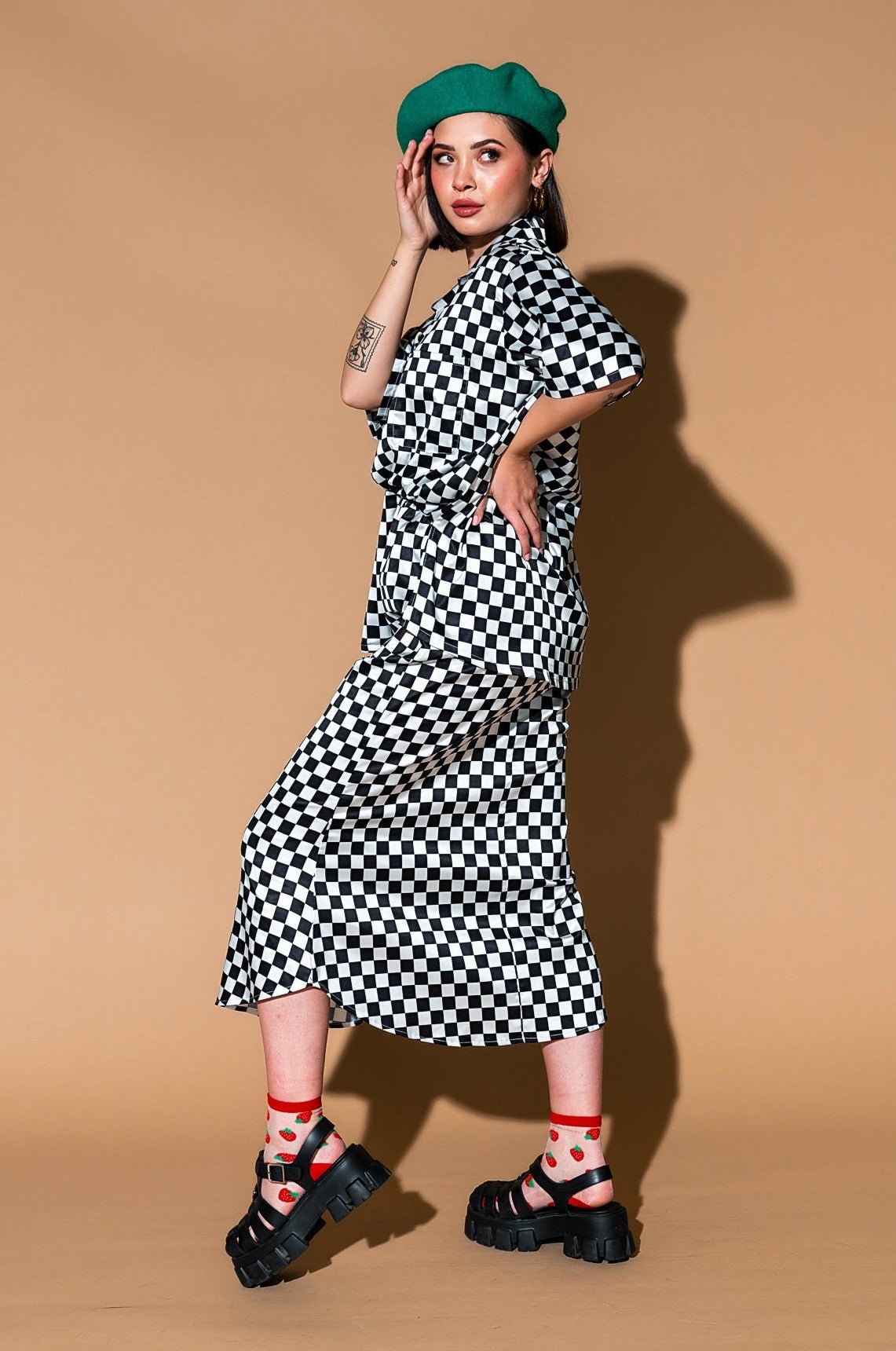 Take Risks Checkerboard Satin Matching Skirt Set