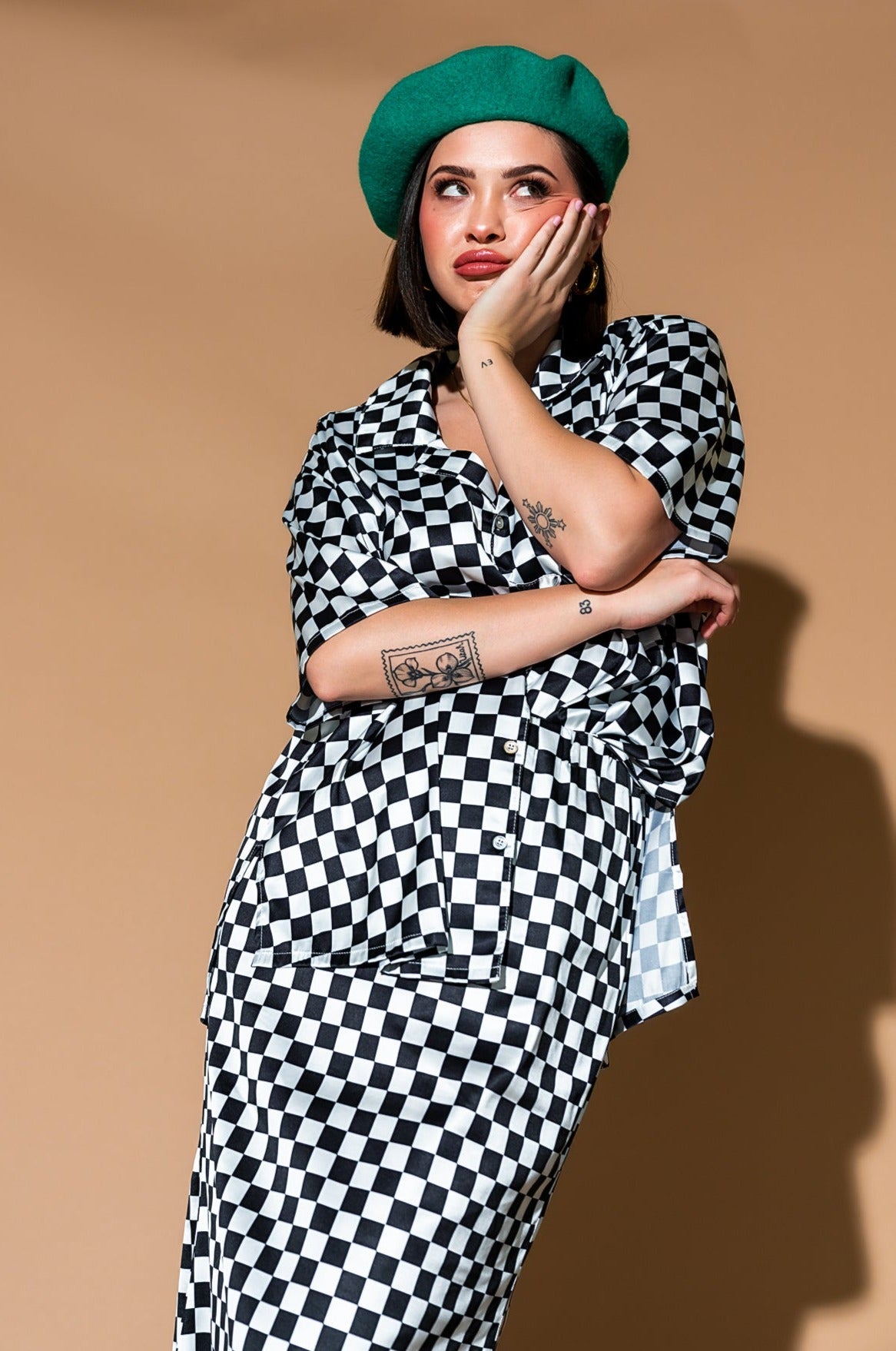 Take Risks Checkerboard Satin Matching Skirt Set