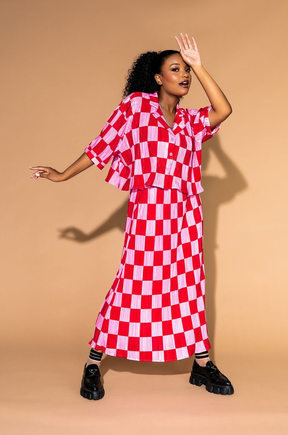 Ćest la Vie Plissé Skirt Set in Red + Pink