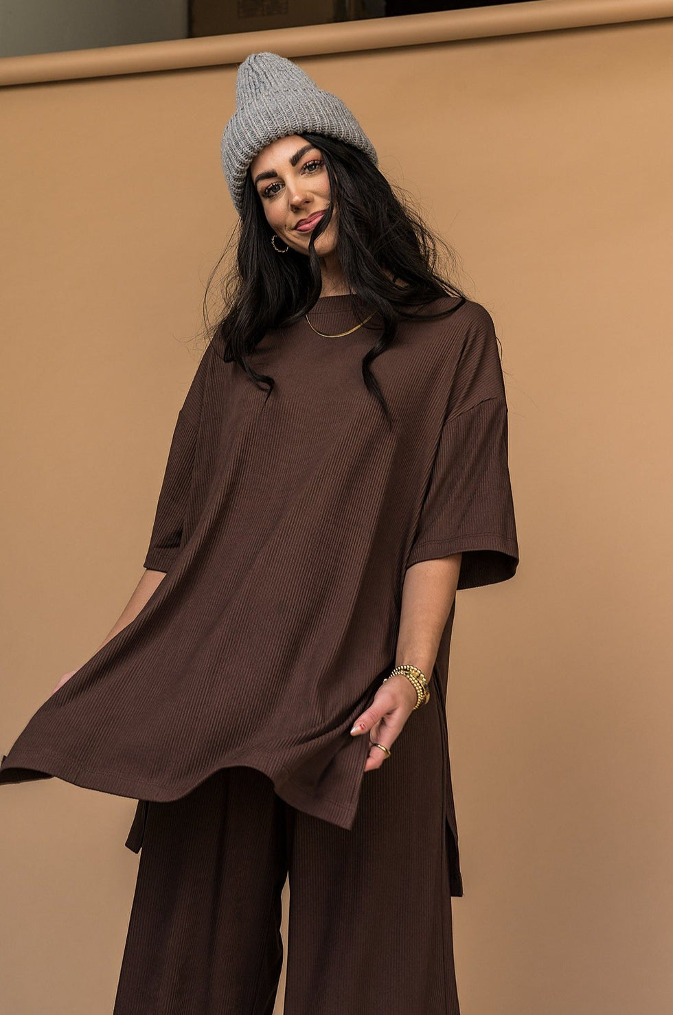 Lex Ribbed Playsuit in Mocha Dressed in Lala