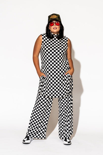 Gigi Sleeveless Ribbed Playsuit in Black + White Check