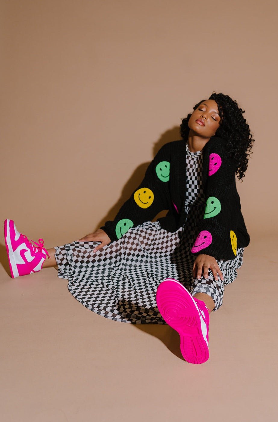 Visionary Hand Knit Smiley Cardigan Dressed in Lala