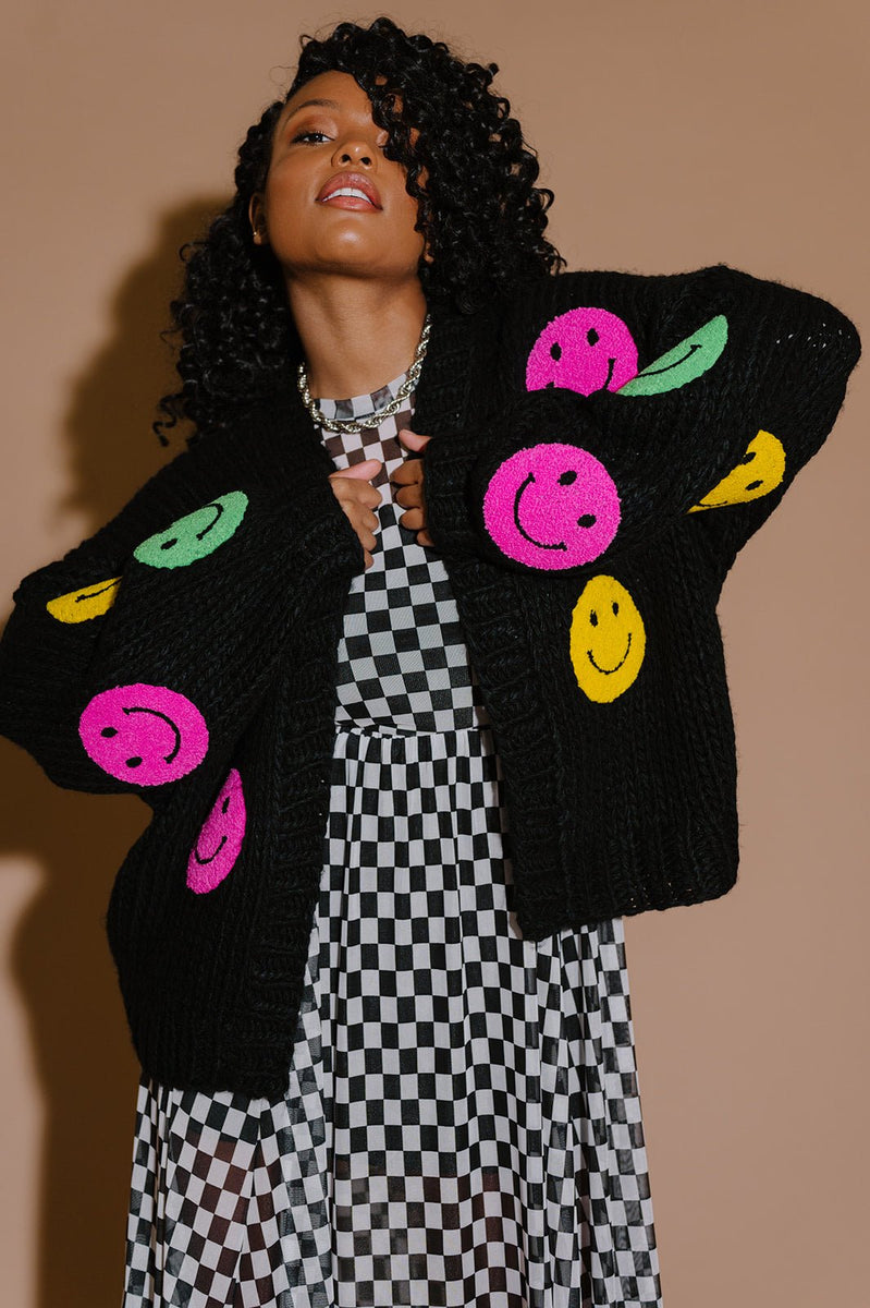 Visionary Hand Knit Smiley Cardigan Dressed in Lala