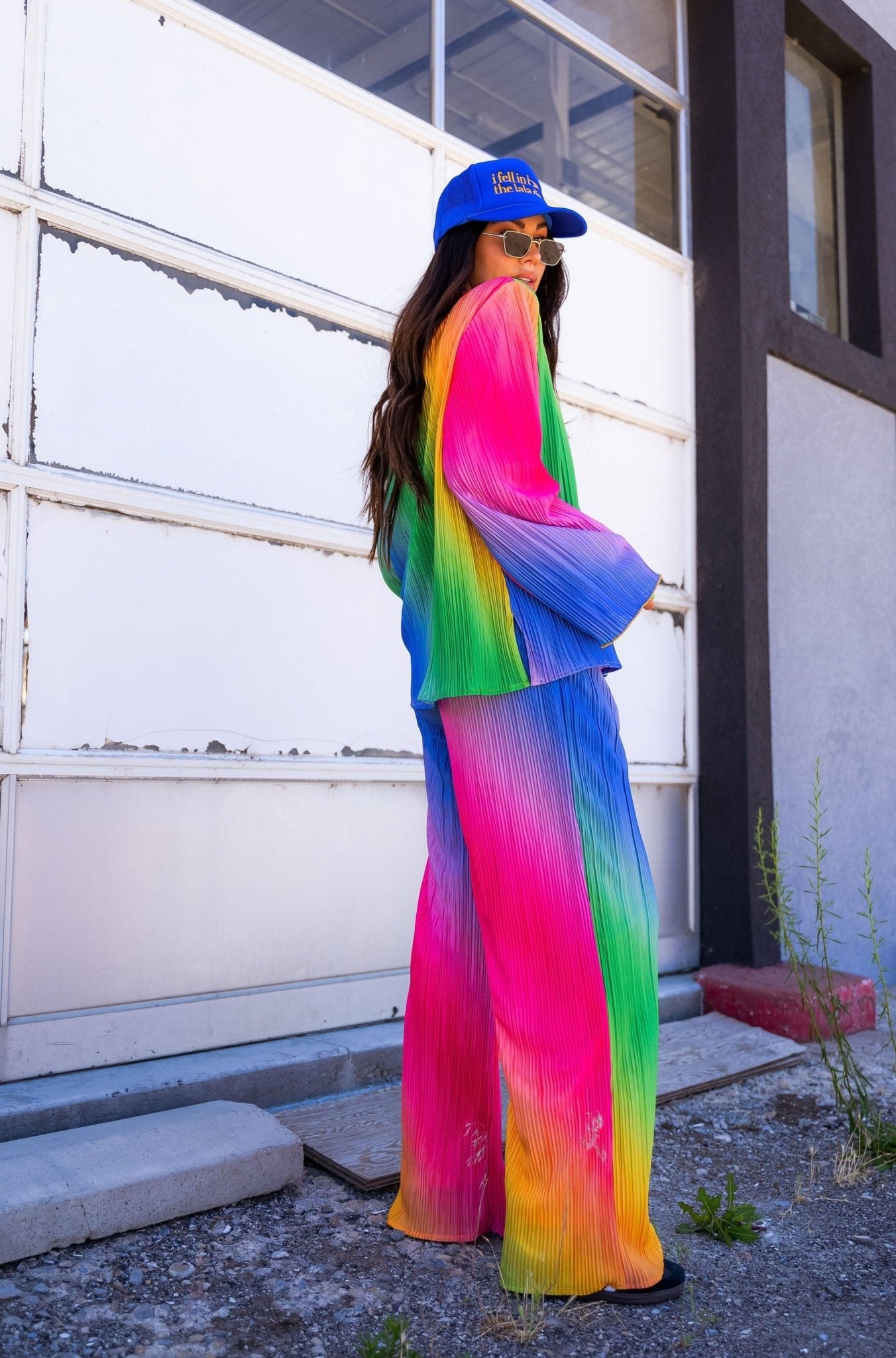 Long Sleeve Plissé Set in Prismatic Rainbow