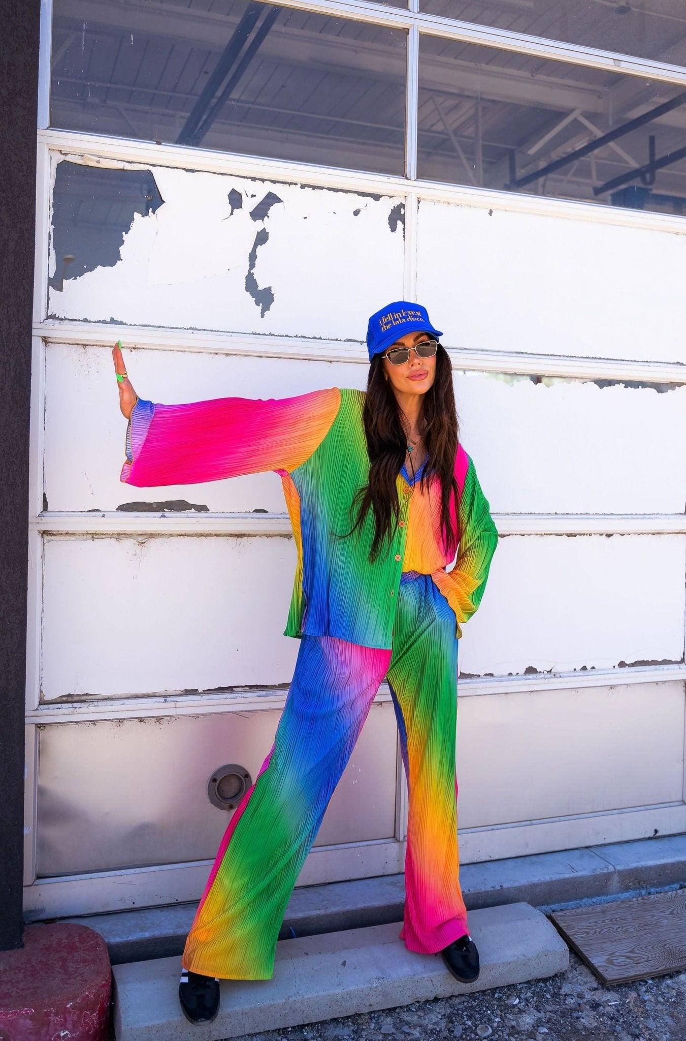 Long Sleeve Plissé Set in Prismatic Rainbow