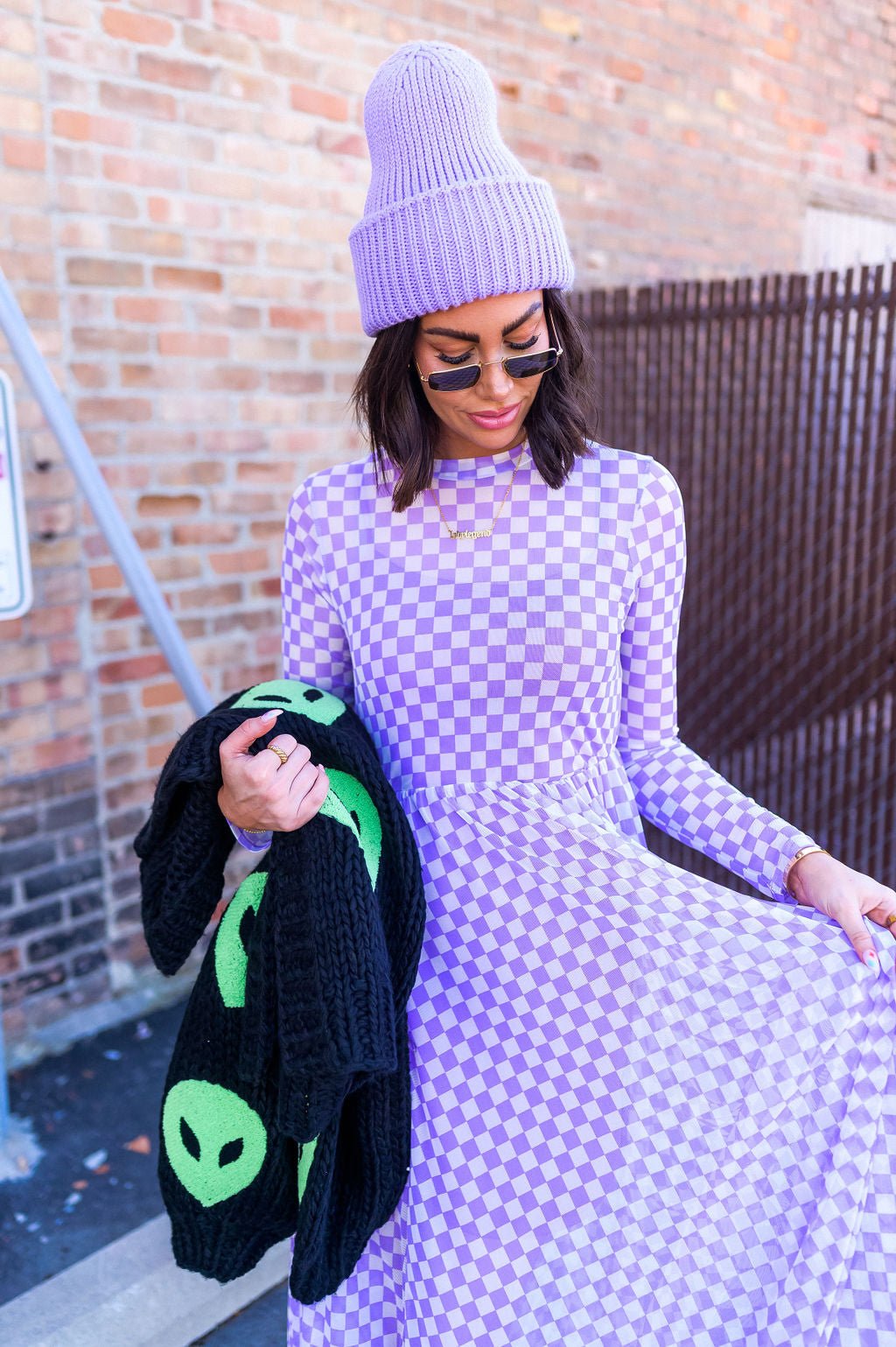 More You Mesh Maxi Dress in Lavender Checkerboard S More You Mesh Maxi Dress in Lavender Checkerboard S