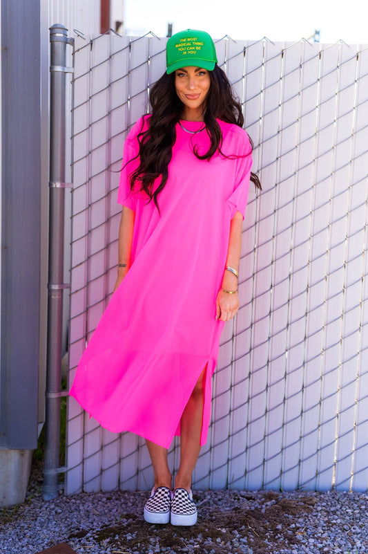 Karma Oversized Mesh Dress + Slip in Electric Pink *RESTOCKED*