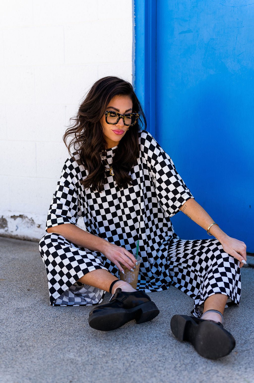 Lex Ribbed Playsuit in Black + White Checkerboard