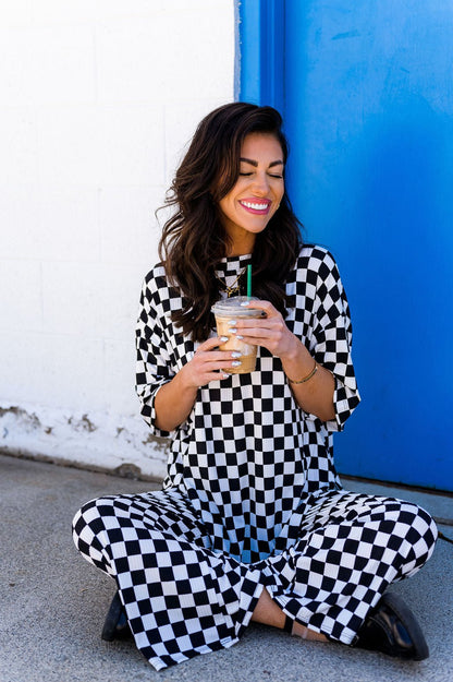 Lex Ribbed Playsuit in Black + White Checkerboard