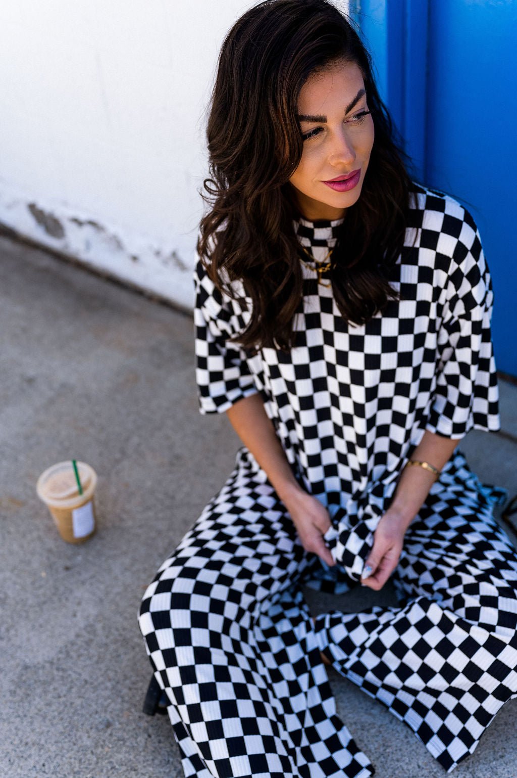 Lex Ribbed Playsuit in Black + White Checkerboard