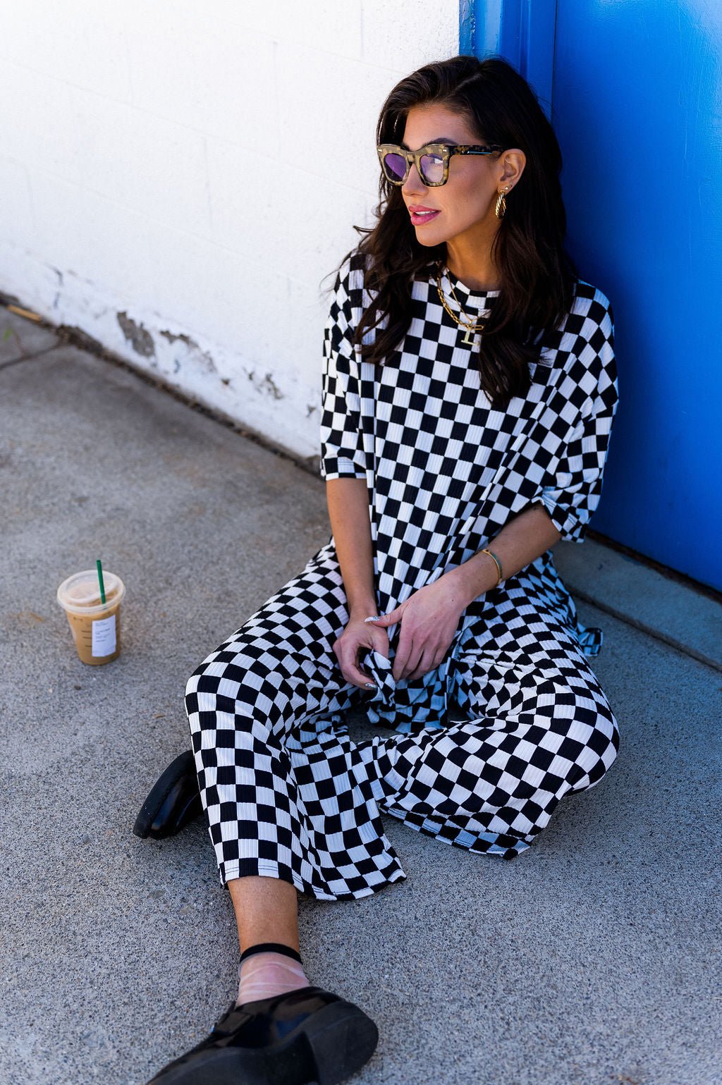 Lex Ribbed Playsuit in Black + White Checkerboard