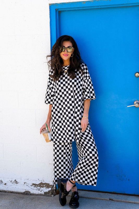 Lex Ribbed Playsuit in Black + White Checkerboard