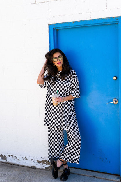 Lex Ribbed Playsuit in Black + White Checkerboard