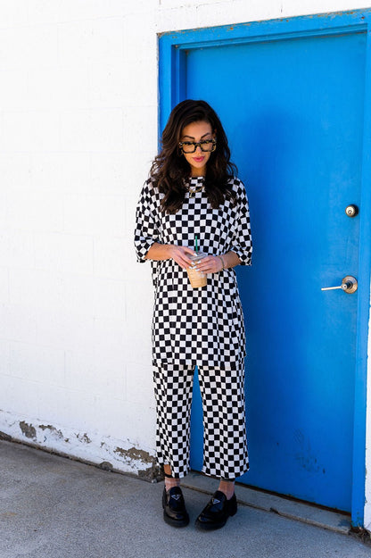 Lex Ribbed Playsuit in Black + White Checkerboard