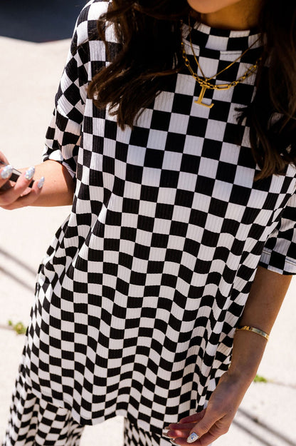 Lex Ribbed Playsuit in Black + White Checkerboard