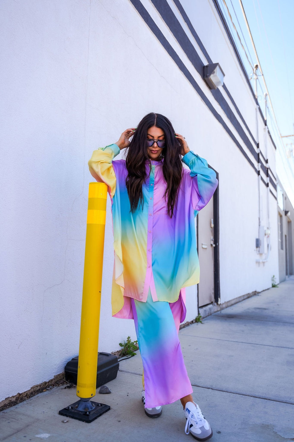 Lala Satin Playsuit in Rainbow Daydream Dressed in Lala