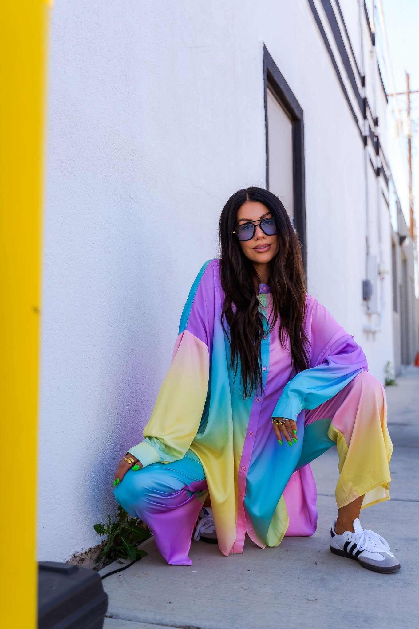 Lala Satin Playsuit in Rainbow Daydream Dressed in Lala