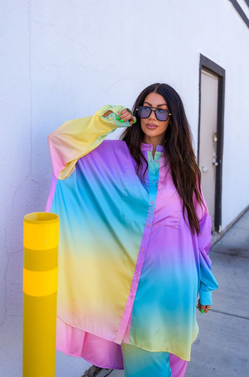 Lala Satin Playsuit in Rainbow Daydream Dressed in Lala