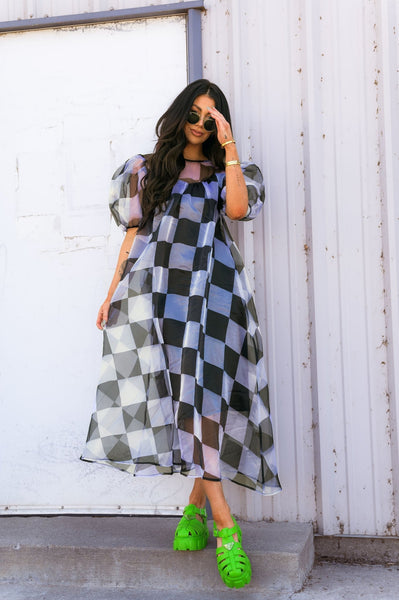 louren stand collar check dress