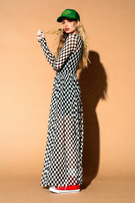 More You Mesh Maxi Dress in Black + White Checkerboard