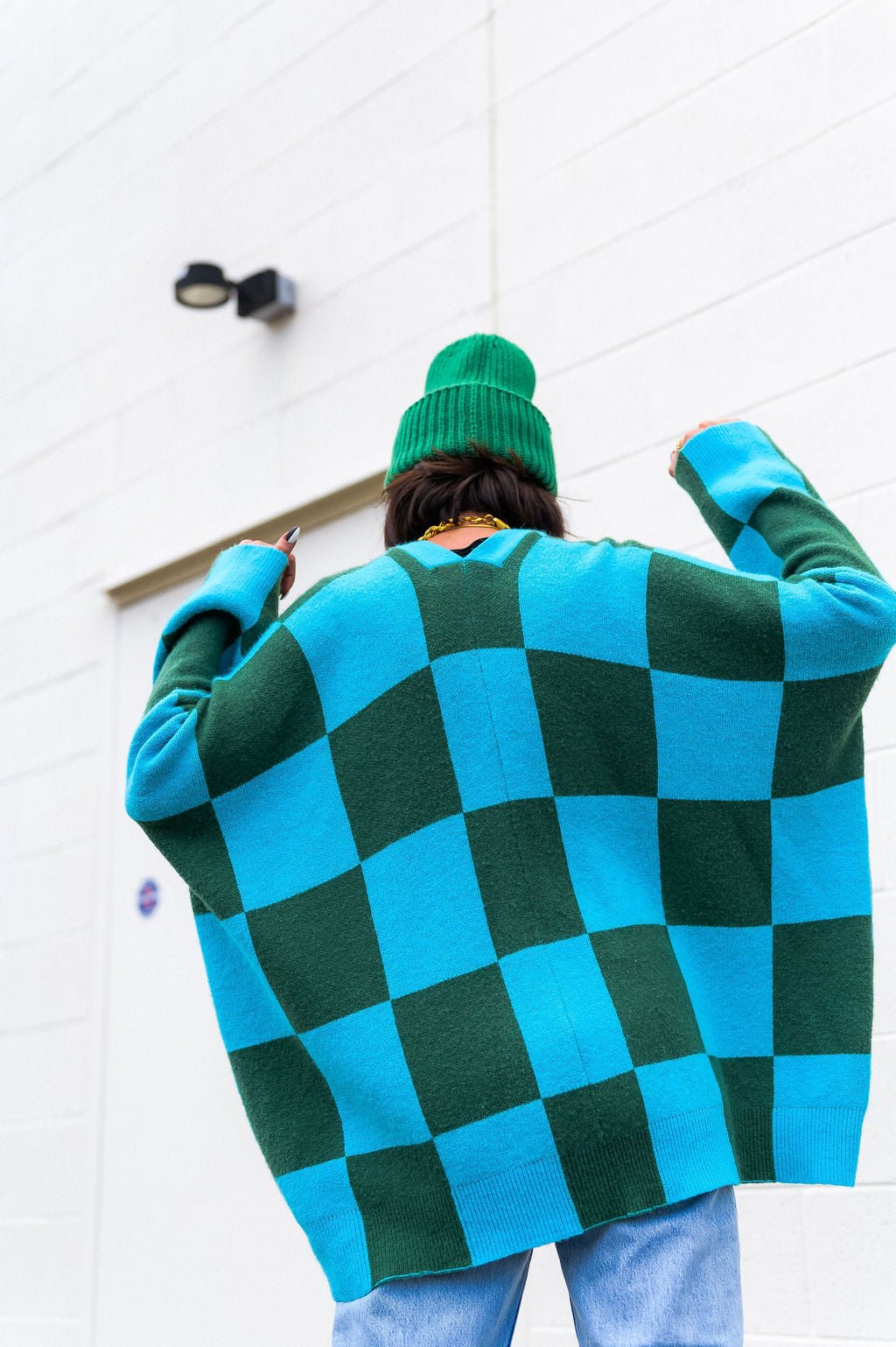 Love You Oversized Checkerboard Cardigan in Emerald + Sky