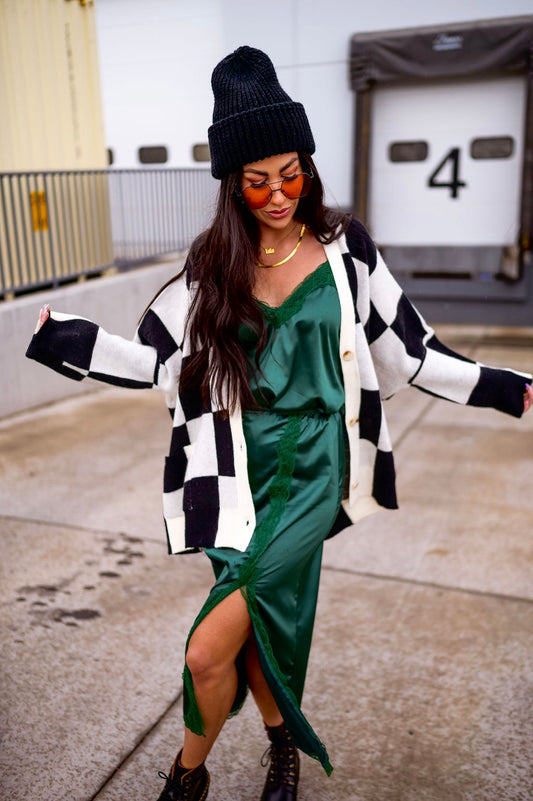 Love You Oversized Checkerboard Cardigan in Black + White