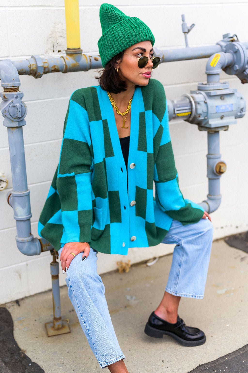 Love You Oversized Checkerboard Cardigan in Emerald + Sky