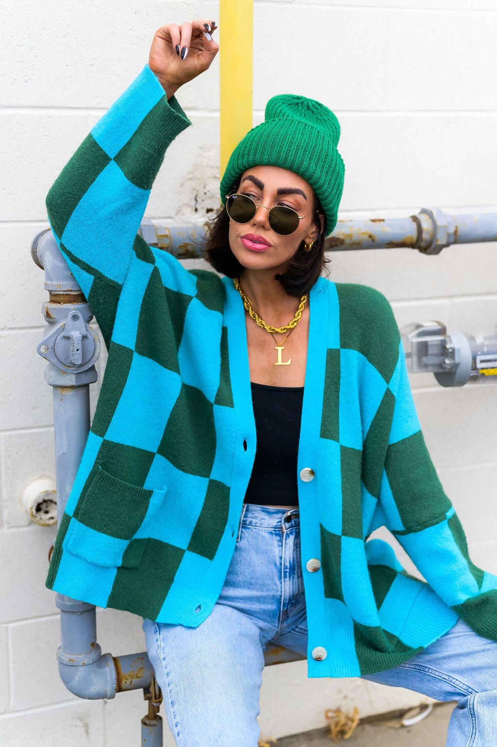 Love You Oversized Checkerboard Cardigan in Emerald + Sky