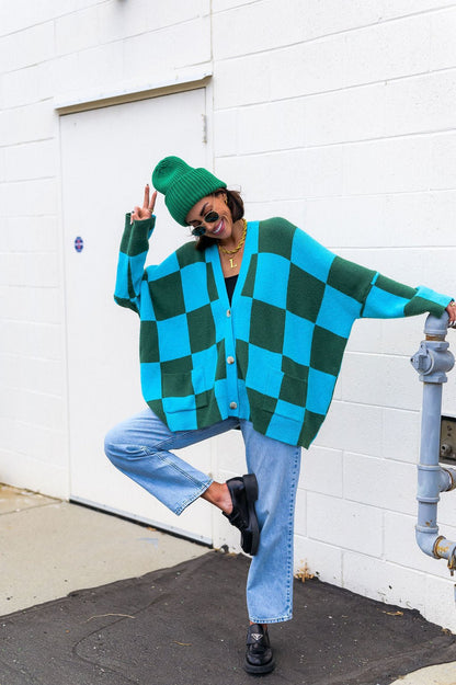 Love You Oversized Checkerboard Cardigan in Emerald + Sky