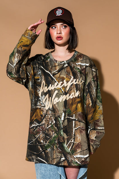 Powerful Woman Oversized Long Sleeve Tee in Camo