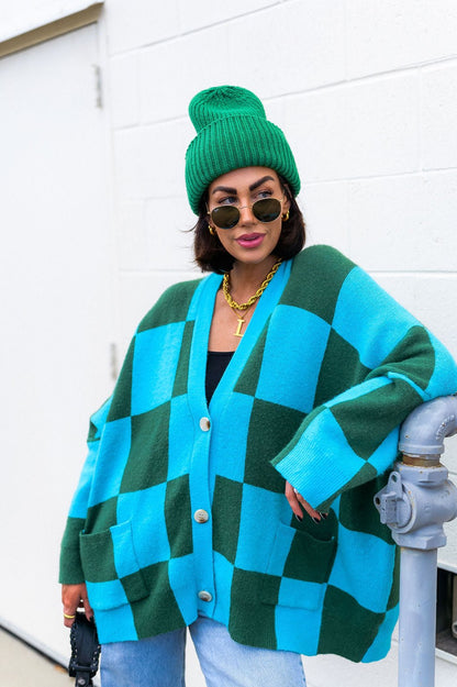 Love You Oversized Checkerboard Cardigan in Emerald + Sky