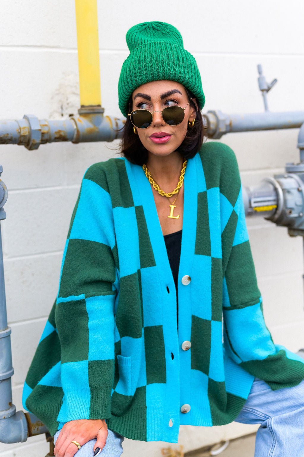 Love You Oversized Checkerboard Cardigan in Emerald + Sky