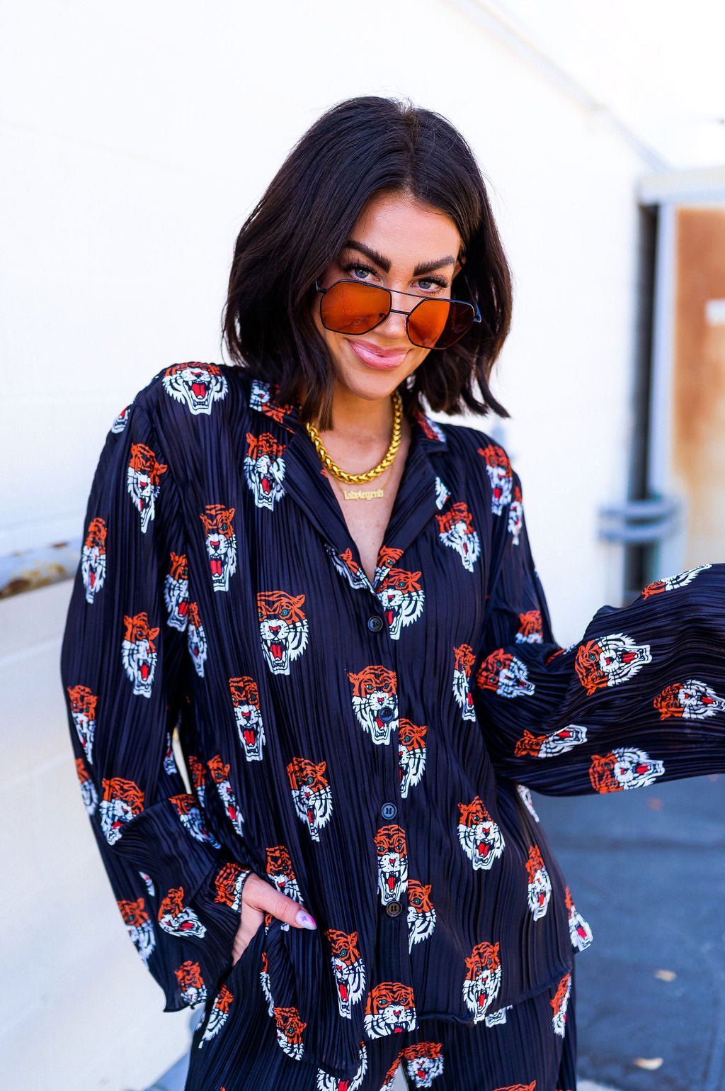 Long Sleeve Plissé Set in Tigress Dressed in Lala