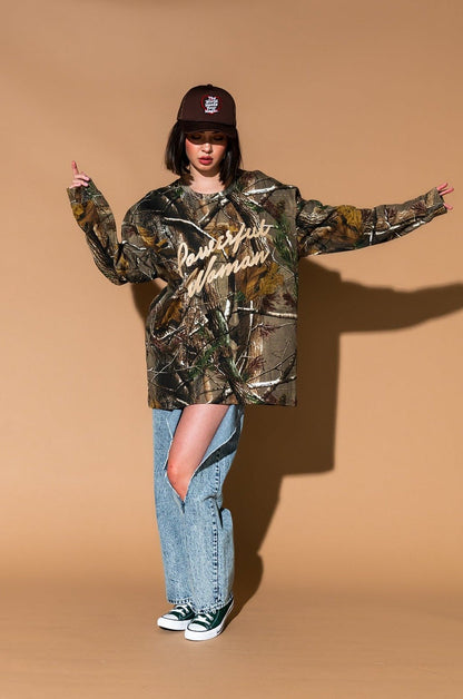 Powerful Woman Oversized Long Sleeve Tee in Camo