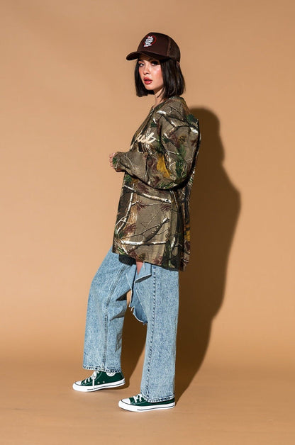 Powerful Woman Oversized Long Sleeve Tee in Camo