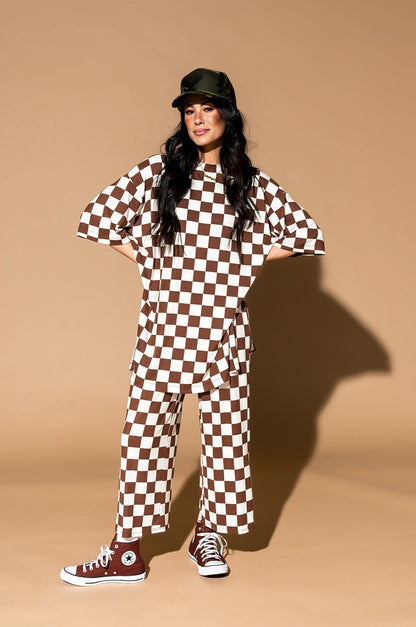 Lex Ribbed Checkerboard Playsuit in Cookie Dough