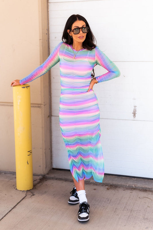 Queen of the World Ruched Mesh Dress + Slip in Candy Rainbow